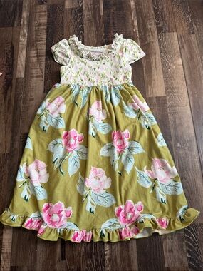 SweetHoney Pink & Olive Green Floral Ruffle Dress